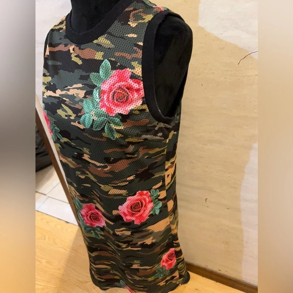 Eric + Lani camouflage and rose mesh tank dress